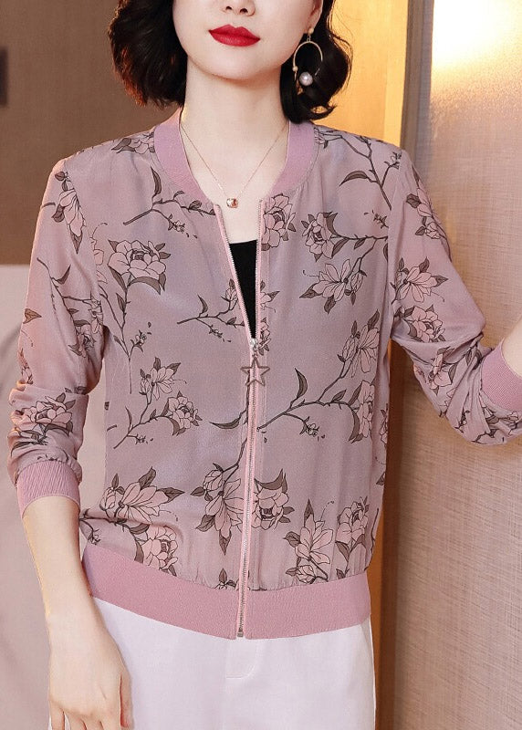 Natural Light Purple Zippered Print Chiffon Coats Summer