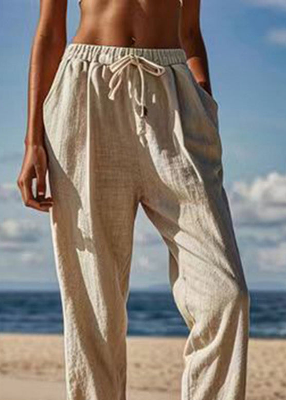 Natural Linen Patchwork Tie Waist Crop Pants Summer