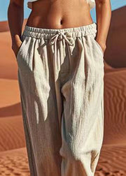 Natural Linen Pockets Patchwork Elastic Waist Crop Pants