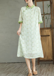 Natural Mint Green Peter Pan Collar Print Linen Dress Half Sleeve