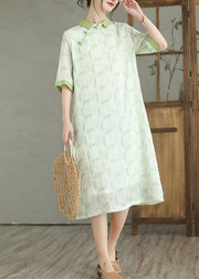 Natural Mint Green Peter Pan Collar Print Linen Dress Half Sleeve