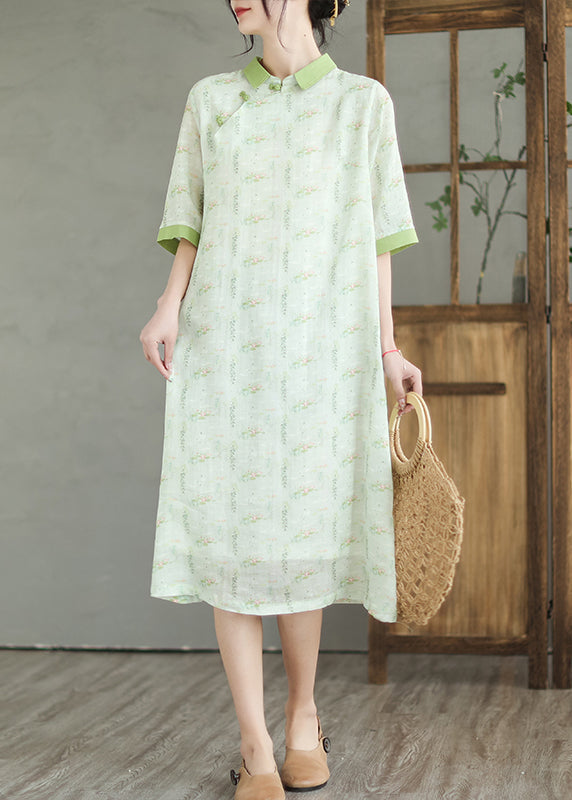 Natural Mint Green Peter Pan Collar Print Linen Dress Half Sleeve