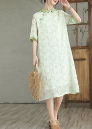 Natural Mint Green Peter Pan Collar Print Linen Dress Half Sleeve