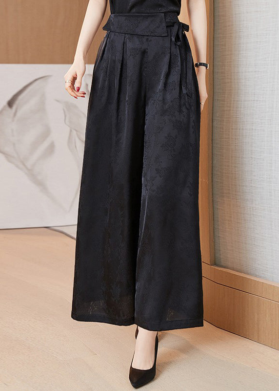 Natural Mulberry Print Pockets Tie Waist Silk Wide Leg Pants Fall