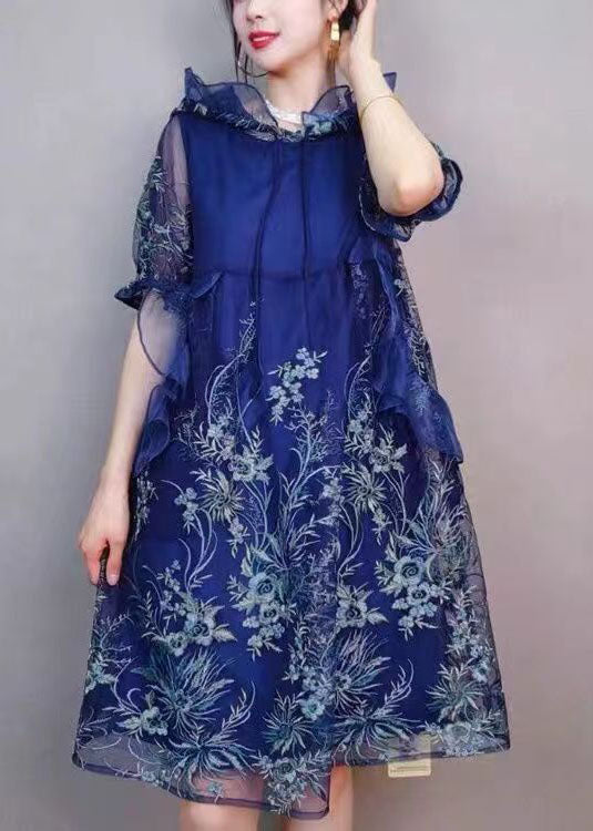 Natural Navy Hooded Ruffled Embroideried Patchwork Tulle Mid Dress Summer