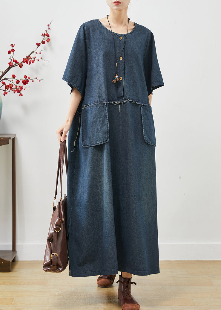 Natural Navy Oversized Pockets Denim Maxi Dresses Summer