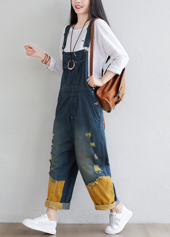 Natural Navy Patchwork Tasseled Denim Jumpsuit Spring