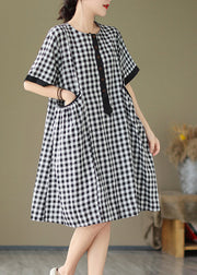 Natural O Neck Big Plaid Pockets Loose Cotton Dress Summer