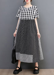 Natural O-Neck Plaid Dot Patchwork Maxi Dresses Summer