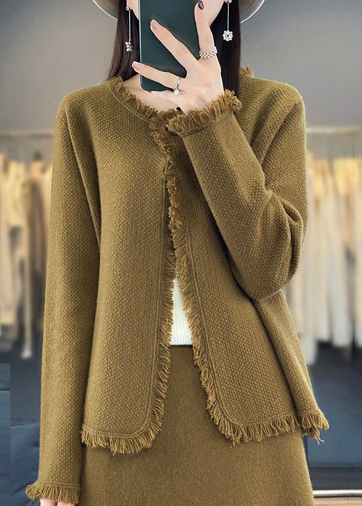 Natural Olive Green O-Neck Patchwork Knit Wool Coats Long Sleeve