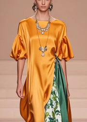 Natural Orange Asymmetrical Patchwork Silk Vacation Dresses Lantern Sleeves