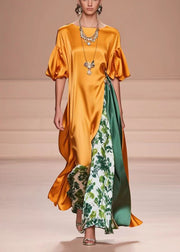 Natural Orange Asymmetrical Patchwork Silk Vacation Dresses Lantern Sleeves