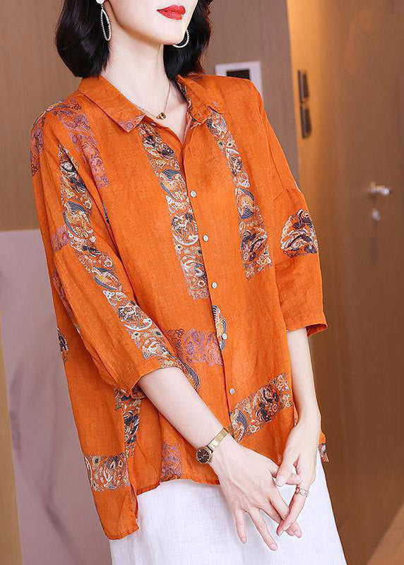 Natural Orange Peter Pan Collar Print Button Side Open Linen Top Half Sleeve