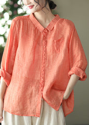 Natural Orange Peter Pan Collar Ramie Shirt Spring Long Sleeve