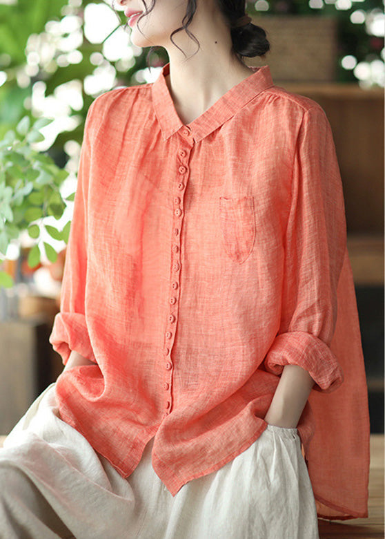 Natural Orange Peter Pan Collar Ramie Shirt Spring Long Sleeve