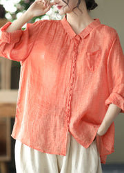 Natural Orange Peter Pan Collar Ramie Shirt Spring Long Sleeve