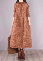 Natural Orange Print Patchwork Fine Cotton Filled Dresses Winter