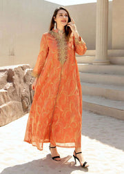 Natural Orange Stand Collar Embroideried Button Tulle Holiday Long Dress Fall