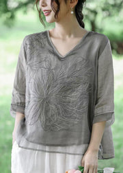 Natural Orange V Neck Embroideried Patchwork Linen T Shirt Half Sleeve