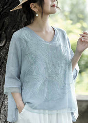 Natural Orange V Neck Embroideried Patchwork Linen T Shirt Half Sleeve