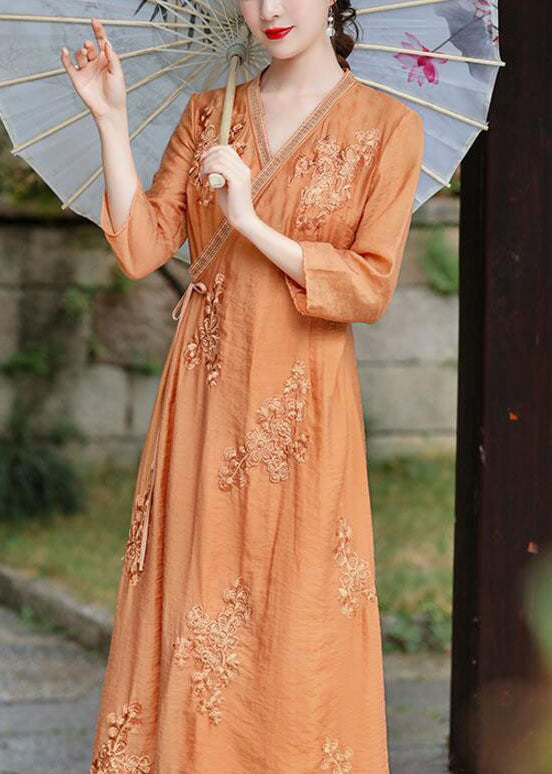 Natural Orange V Neck Embroideried Patchwork Silk Dress Summer