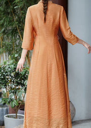 Natural Orange V Neck Embroideried Patchwork Silk Dress Summer