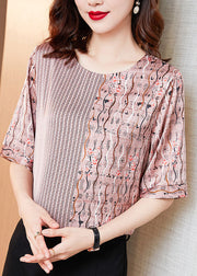 Natural Pink O Neck Patchwork Print Silk T Shirt Tops Summer