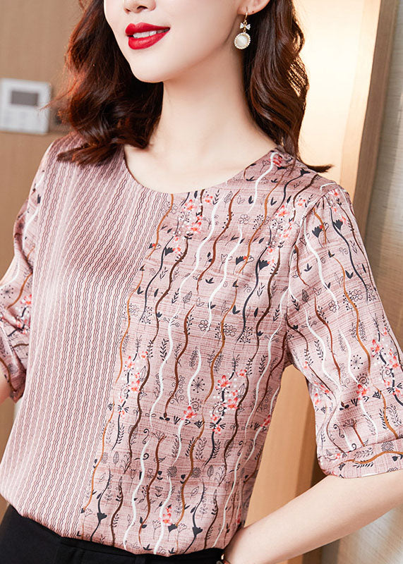 Natural Pink O Neck Patchwork Print Silk T Shirt Tops Summer