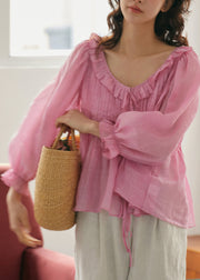 Natural Pink O-Neck Ruffled Patchwork Tie Waist Ramie Shirts Fall