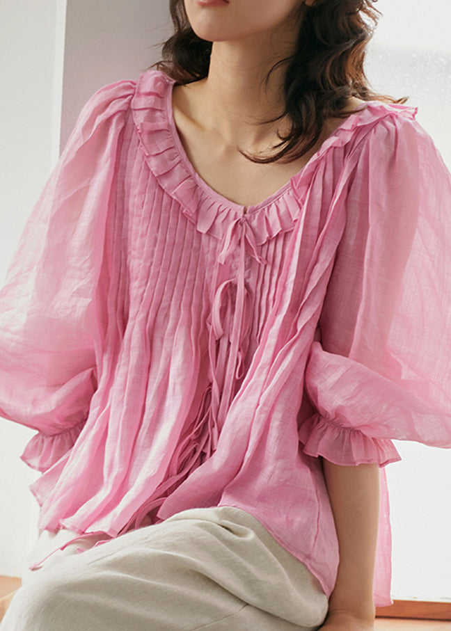 2024 Fall Cute Pink Chiffon Blouse Plus Size Shirt