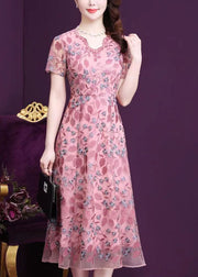 Natural Pink Original Design V Neck Embroideried Silk Cinch Party Dress Short Sleeve