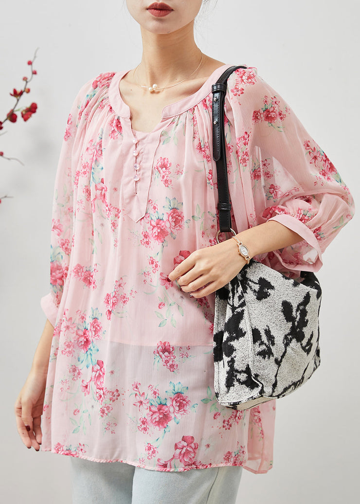 Natural Pink Oversized Print Chiffon Shirt Two Piece Bracelet Sleeve