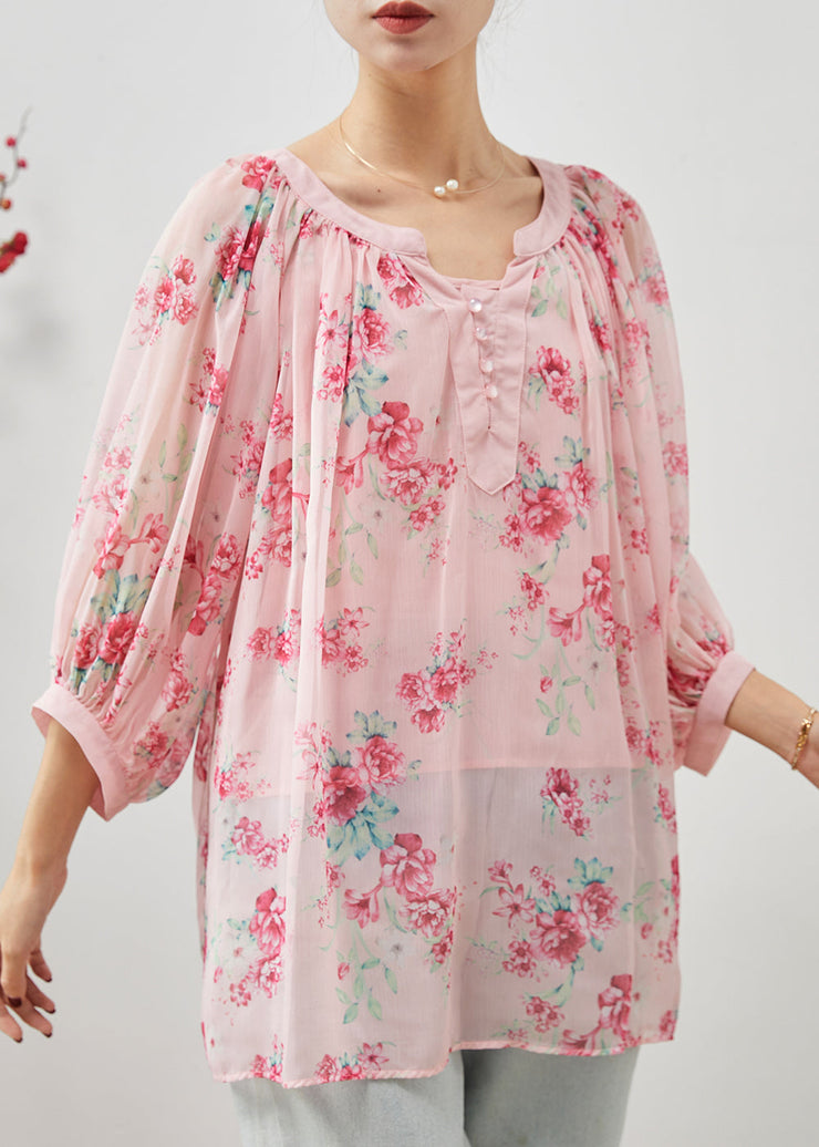 Natural Pink Oversized Print Chiffon Shirt Two Piece Bracelet Sleeve