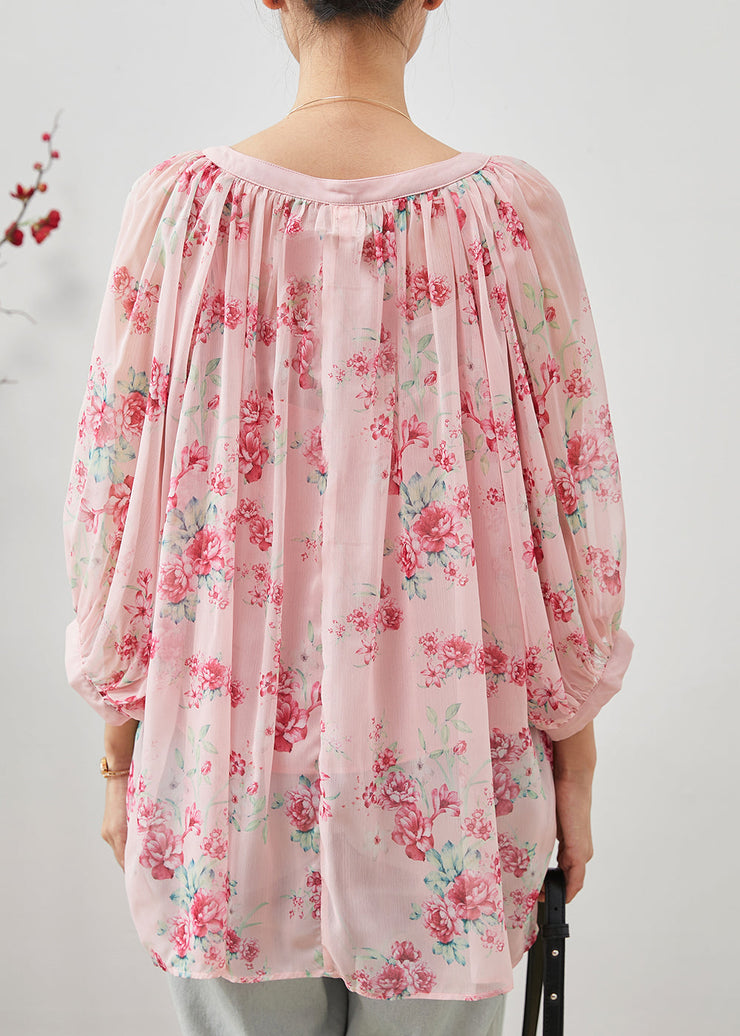 Natural Pink Oversized Print Chiffon Shirt Two Piece Bracelet Sleeve