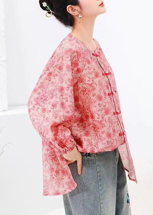 Natural Pink Print Chinese Button Cotton Shirts Top Long Sleeve