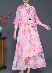 Natural Pink Print Exra Large Hem Chiffon Vacation Dress Spring