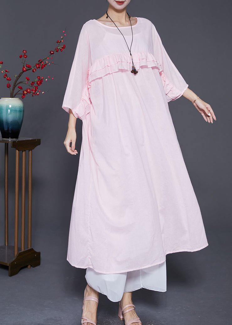 Natural Pink Ruffled Patchwork Linen Robe Dresses Batwing Sleeve