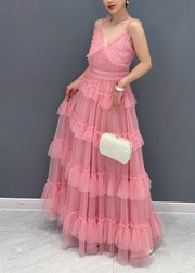 Natural Pink Ruffled Patchwork Tulle Spaghetti Strap Long Dress Summer