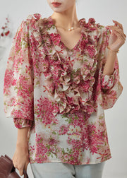 Natural Pink Ruffled Print Chiffon Shirts Spring