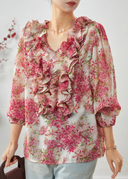 Natural Pink Ruffled Print Chiffon Shirts Spring