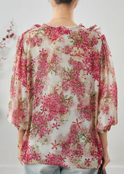 Natural Pink Ruffled Print Chiffon Shirts Spring