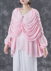 Natural Pink V Neck Wrinkled Chiffon Tops Summer