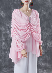 Natural Pink V Neck Wrinkled Chiffon Tops Summer