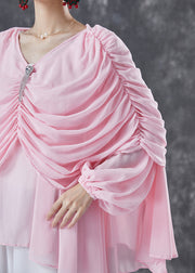 Natural Pink V Neck Wrinkled Chiffon Tops Summer