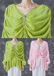 Natural Pink V Neck Wrinkled Chiffon Tops Summer