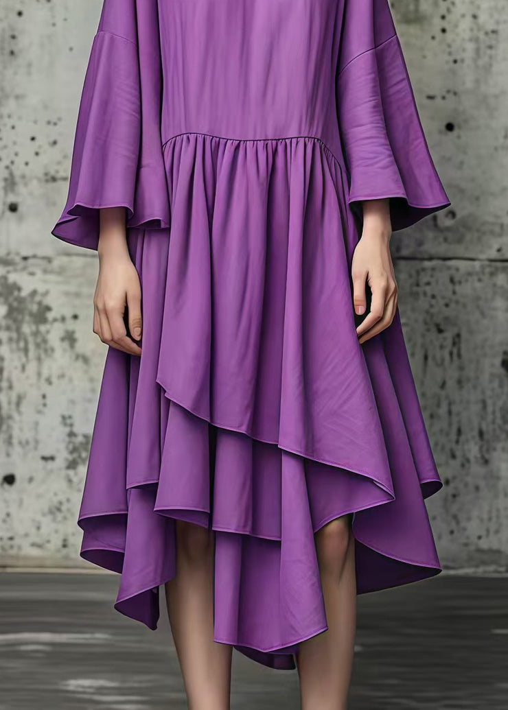 Natural Purple Asymmetrical Exra Large Hem Cotton Dress Fall