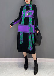 Natural Purple Hign Neck Print Patchwork Knit Dresses Winter