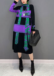 Natural Purple Hign Neck Print Patchwork Knit Dresses Winter