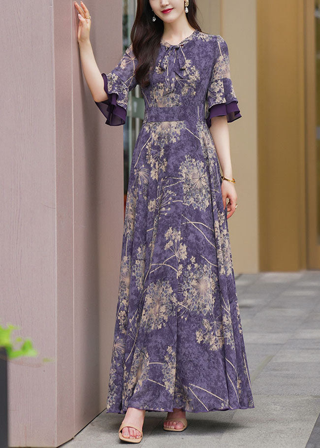 Natural Purple O-Neck Print Patchwork High Waist Chiffon Maxi Beach Dresses Half Sleeve