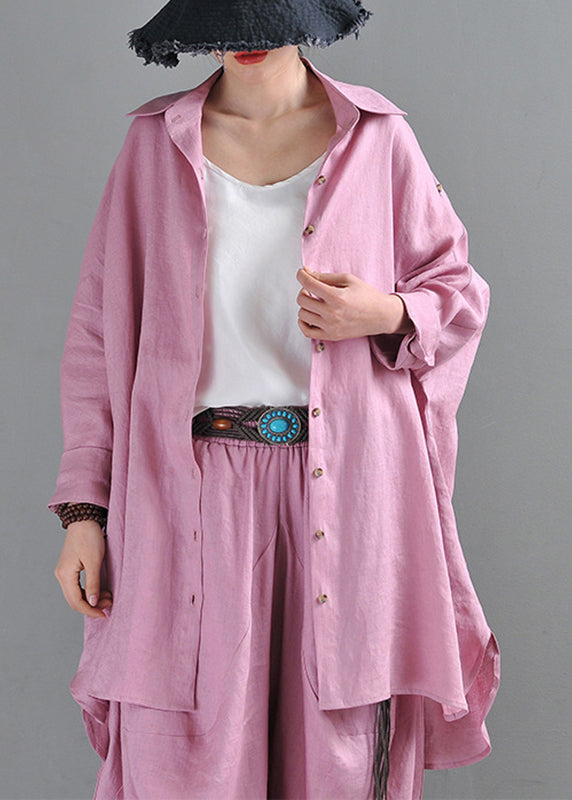 Natural Purple Pink Colour Peter Pan Collar Button Low High Design Linen Shirts Long Sleeve